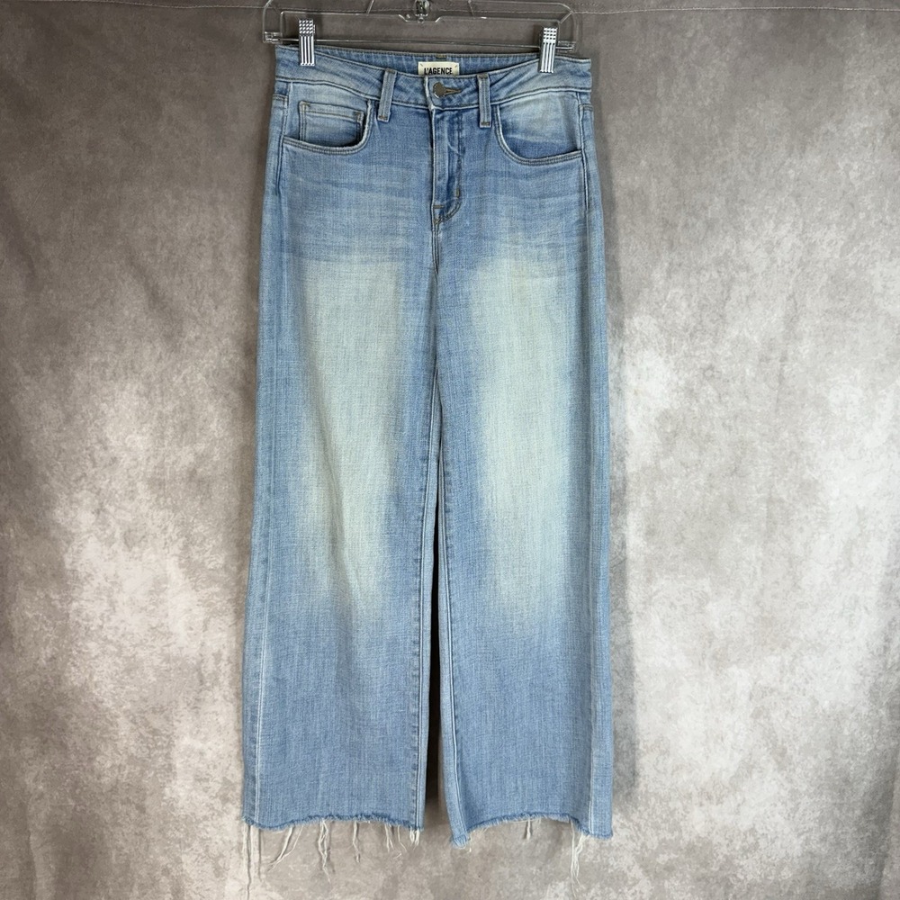 L'AGENCE Danica High Rise Wide Leg Raw Hem Jeans In Light Blue Wash Size 25